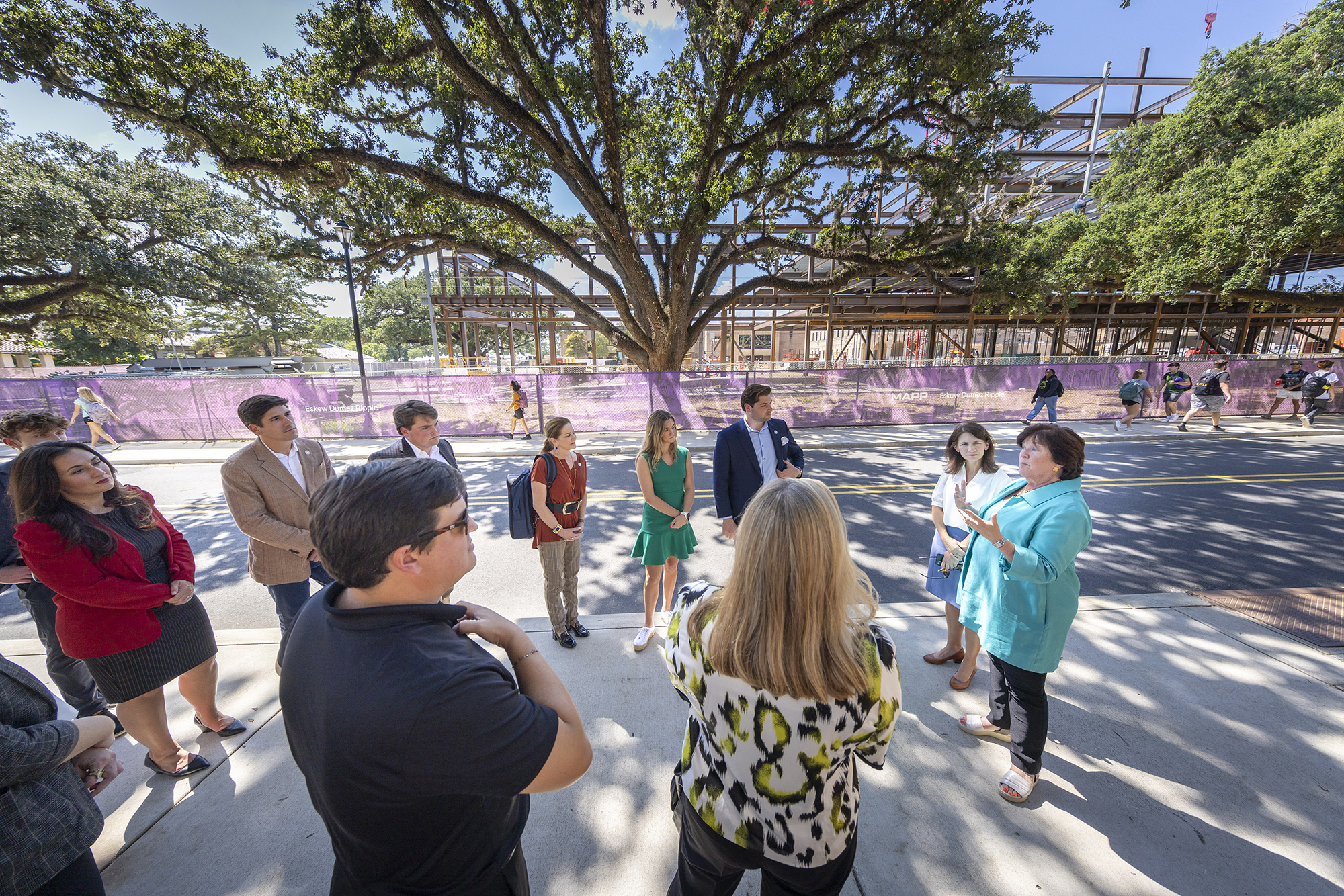 Tour stop at the construction site of Our Lady of the Lake Interdisciplinary Science Building on LSU's campus