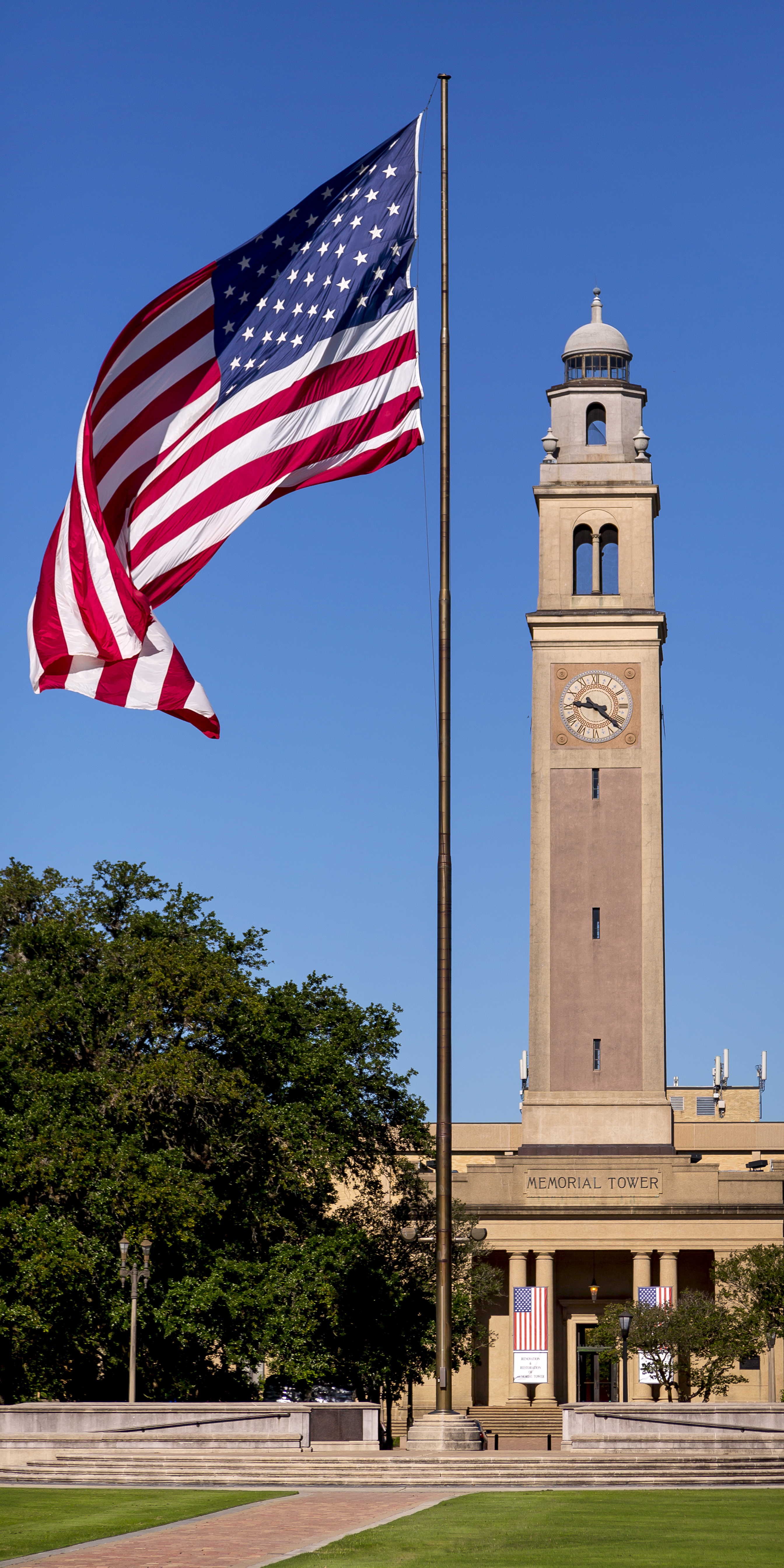 American flag at LSU's Memorial Tower