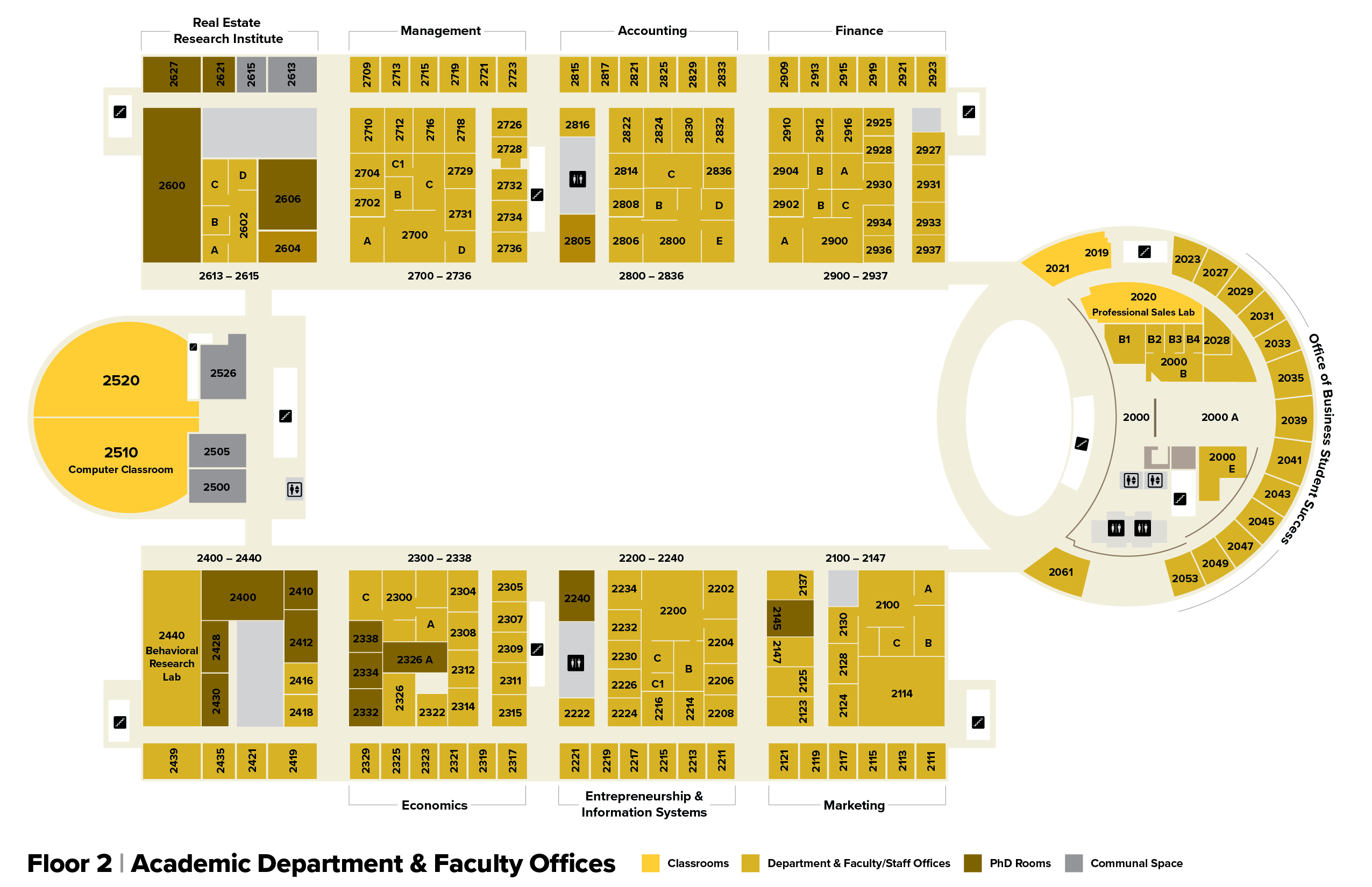 Second floor map of the BEC. Department and fauclty officeses are labeled with numbers.
