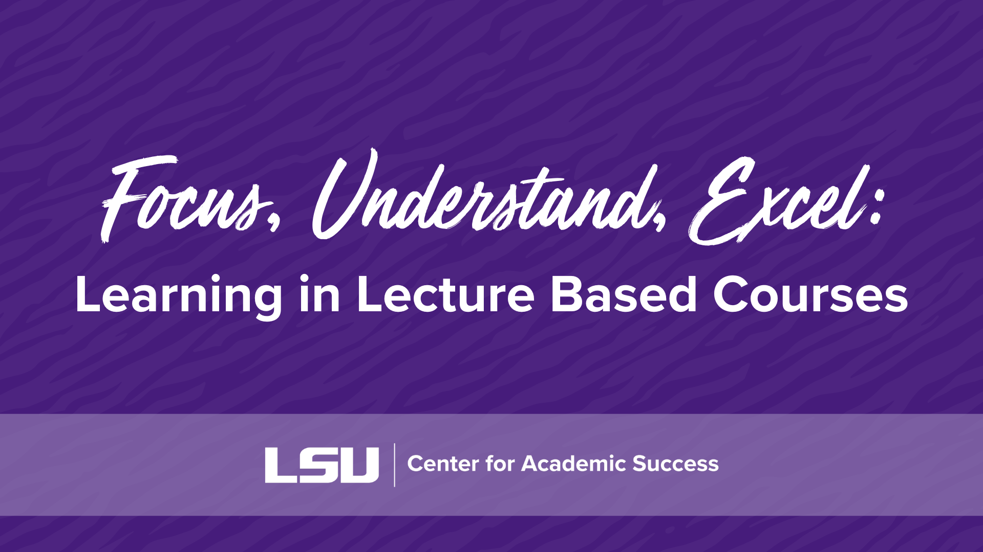 Title slide for Focus, Understand, Excel Workshop