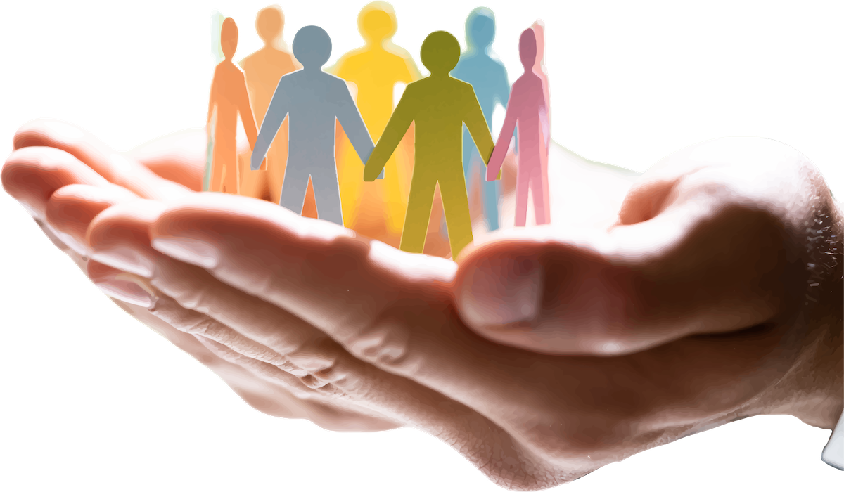 hand holding people Hands holding circle of paper cutout people