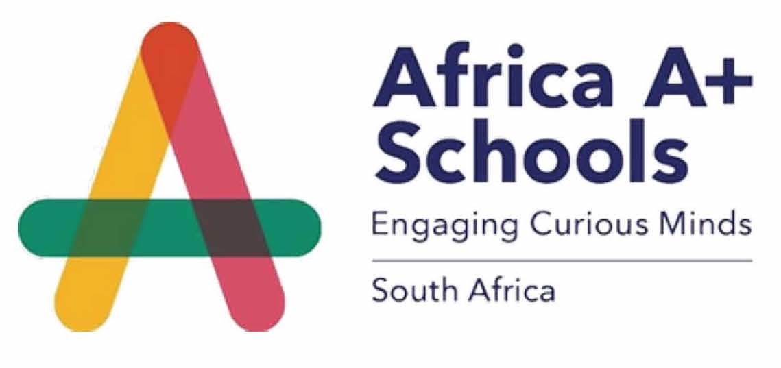 africa aplus schools logo Africa A+ Schools logo with yellow, red, and blue colors with words reading "Engaging curious minds" and "South Africa"