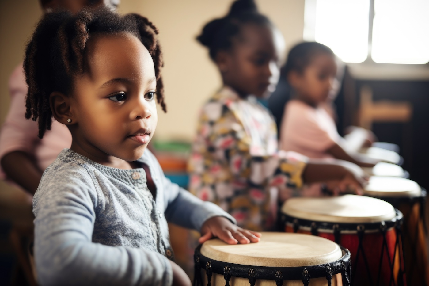 children drumming young children in a row drumming