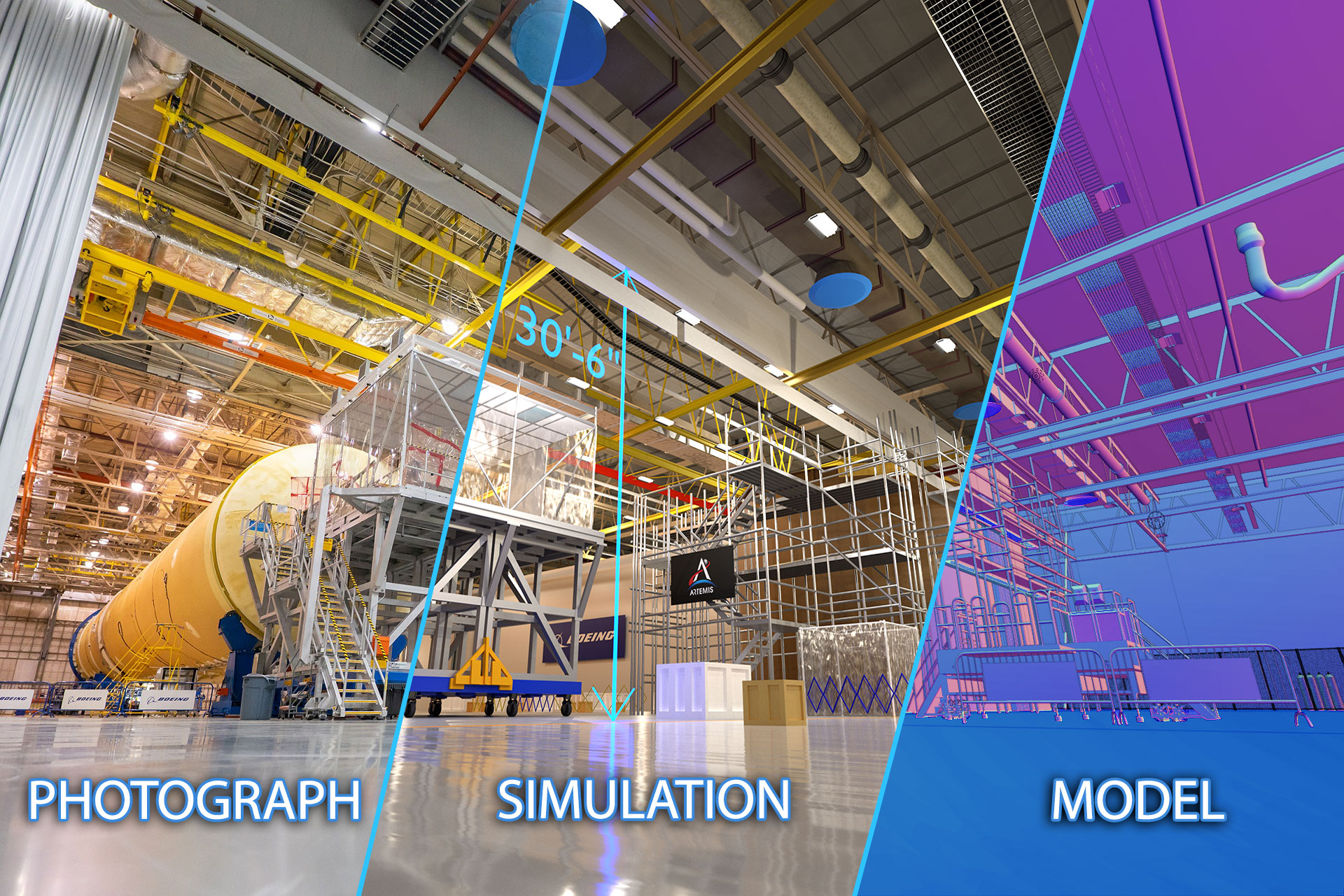 Three views of Nasa's assembly facility.