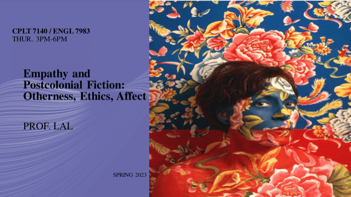 empathy & postcolonial fiction: otherness, ethics, affect A woman with her skin painted against a painted backdrop, text about the course below for your convenience