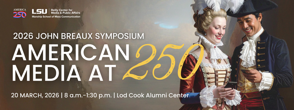 John Breaux Symposium graphic, two Colonial-era figures looking at phones