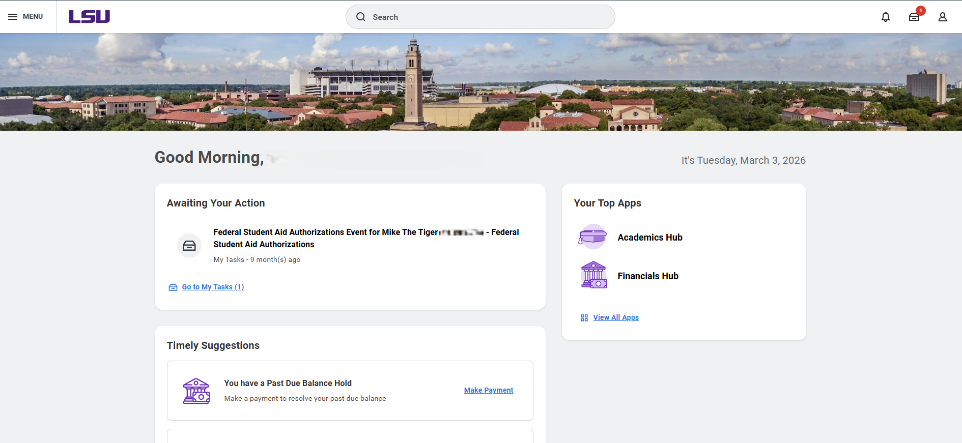 Image of current homepage for workday user